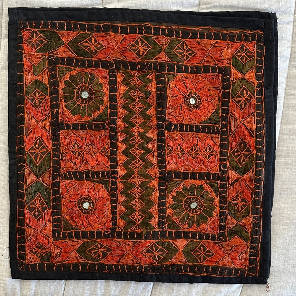 Embroidered Orange and Green Textile Art Cushion Covers - Brand New